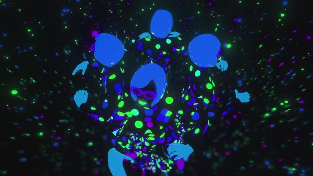 4K seamless VJ loop with dancing silhouettes in polka dot patterns and glowing accessories for VJ sets, high-tech club visuals, electronic music festivals, stage screens and for LED video walls.