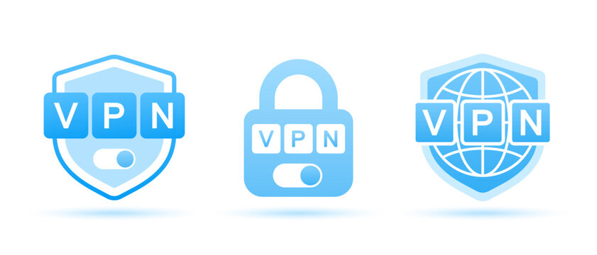 Set of VPN vector icons. Virtual Private Network. Data encryption, IP substitute, secure connection. Vector logos isolated on white background