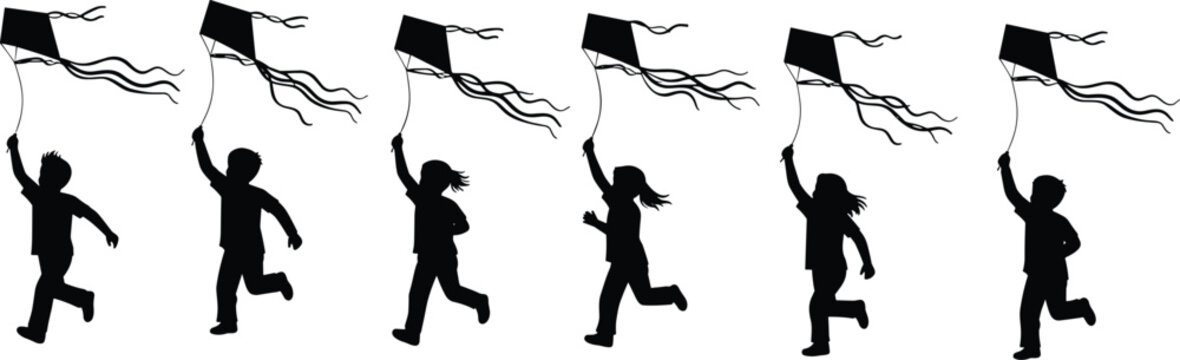 Black silhouettes of happy children running and flying kites in a row isolated on white background for summer outdoor fun and childhood design