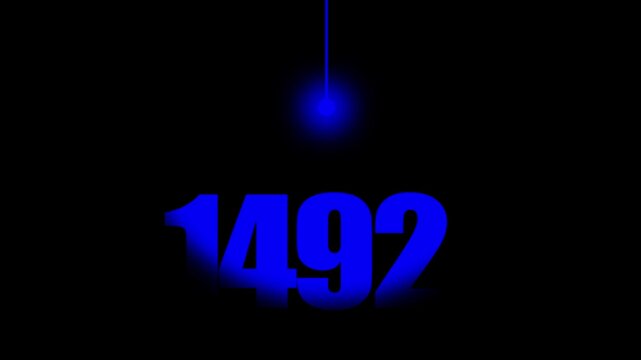 1492 Historical Date Animation with Swinging Blue Light Bulb in Dark Background, Discovery of America Concept, Columbus Voyage Year Motion Graphic, Minimalist Typography Background