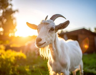 Fototapeta premium A white goat, sunlit from behind, gazes towards the camera with a gentle expression. Its horns curve, and the soft sunset glow bathes the scene