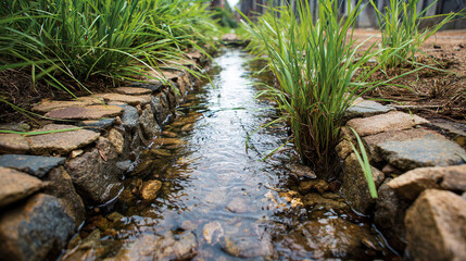 Obraz premium Serene Stream in Nature's Embrace: A tranquil stream gently flows through a picturesque landscape, its waters reflecting the clear sky above.