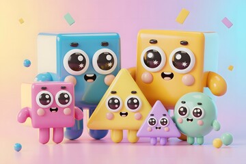 Fototapeta premium Colorful 3D cartoon shapes, smiling characters, geometric figures, pastel background