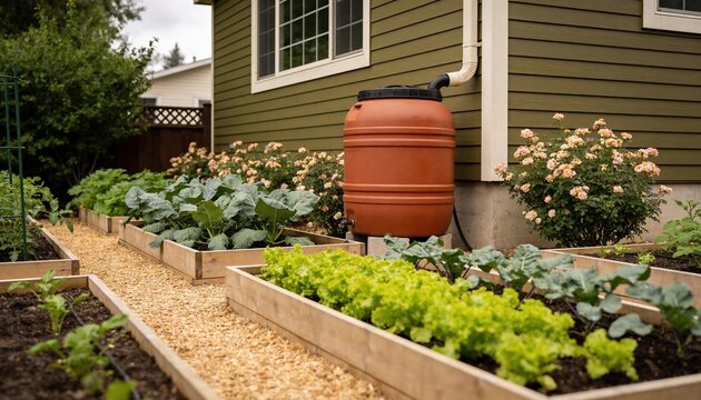 Wide shot of a lush home garden with a large terracotta rain barrel connected to a residential downspout, surrounded by raised vegetable beds and flowering shrubs in soft overcast daylight