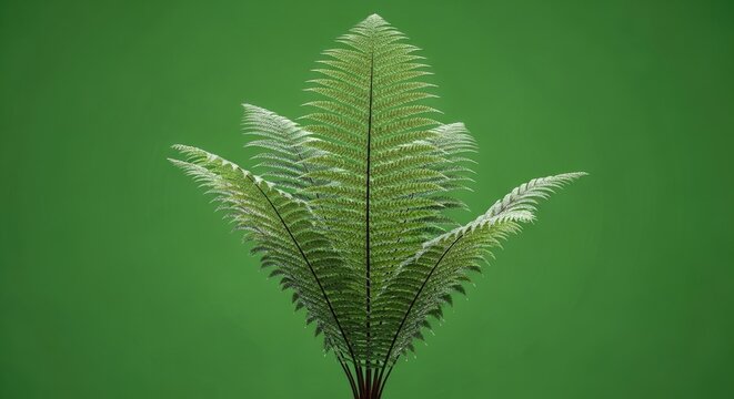 A single green fern leaf on a green background in a studio setting