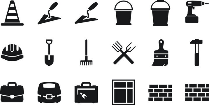 Construction and masonry tools icon set featuring trowel bucket drill helmet rake brush brick silhouette collection isolated on white background