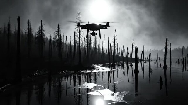 Drone flies over a haunting landscape of dead trees and reflecting water under a cloudy sky.