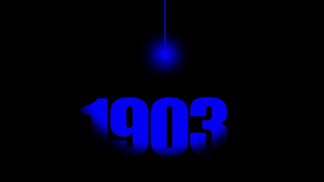 1903 Historical Date Animation with Swinging Blue Light Bulb in Dark Background, Wright Brothers First Flight Concept, Aviation History Year Motion Graphic, Minimalist Typography Background