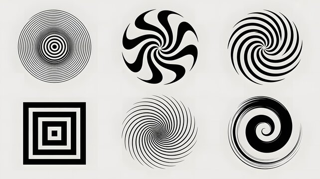 Black and white optical illusions, geometric patterns, spiral shapes, abstract designs