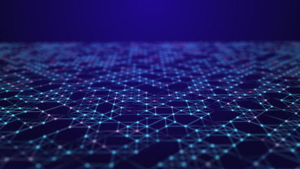 Obraz premium A futuristic digital backdrop with glowing particles and a flowing data stream. 3D depth perspective and the illusion of movement.