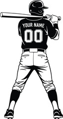 Baseball player silhouette back view holding bat customizable jersey name number sports athlete vector illustration isolated design template © Mokarrom