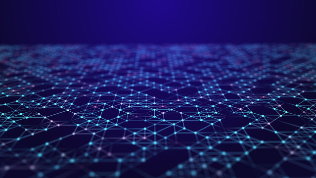 A futuristic digital backdrop with glowing particles and a flowing data stream. 3D depth perspective and the illusion of movement.