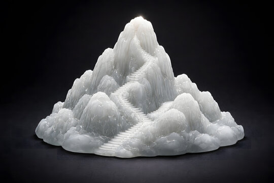 White Jade Mount Tai. Exquisite hand-carved white jade mountain representing Mount Tai in China. Fine craftsmanship with translucent stone textures against a dark studio background. Artistic decor.