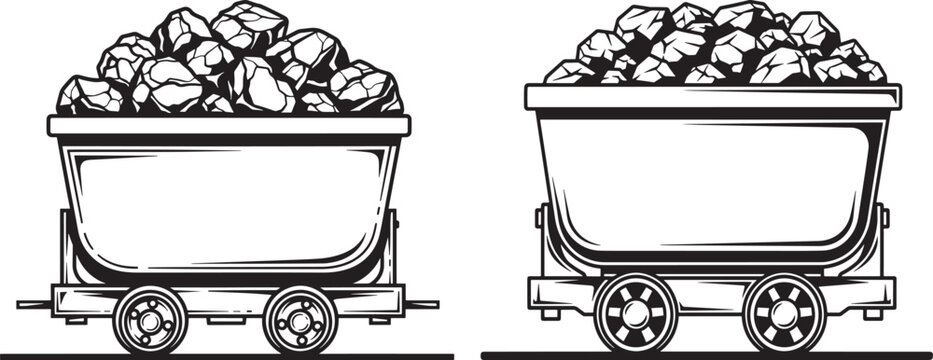 Two mining carts filled with coal with mining cart with raw material with industrial equipment