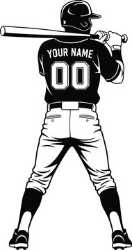 Baseball player silhouette back view holding bat customizable jersey name number sports athlete vector illustration isolated design template