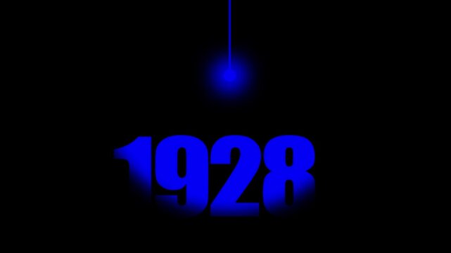 1928 Historical Date Animation with Swinging Blue Light Bulb in Dark Background, Early 20th Century Science & Technology Concept, Historical Year Motion Graphic, Minimalist Typography Background