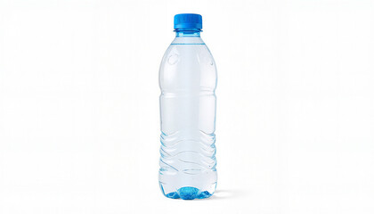 Naklejka premium Clear plastic water bottle with blue cap on white background 