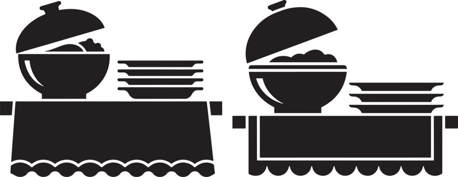 Buffet serving table with food dishes and stacks of plates, icon set, food service, food presentation, main course, buffet line, self service, food icons, plate icons, restaurant icons, catering icons