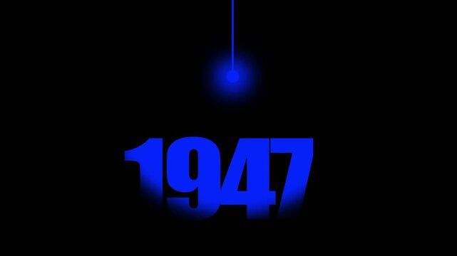 1947 Historical Date Animation with Swinging Blue Light Bulb in Dark Background, India and Pakistan Independence Concept, Postwar / Historical Year Motion Graphic, Minimalist Typography Background