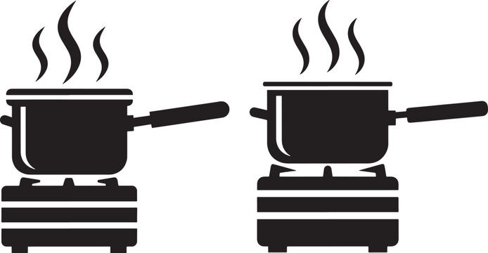 Two pots boiling on stoves with steam with white background with black and white with meal preparation