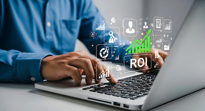 A man in a blue shirt is working on a laptop with roi graphics