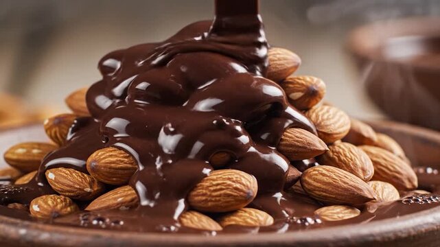 Melted dark chocolate is poured over a pile of whole almonds in a rustic bowl, creating a delicious sweet treat