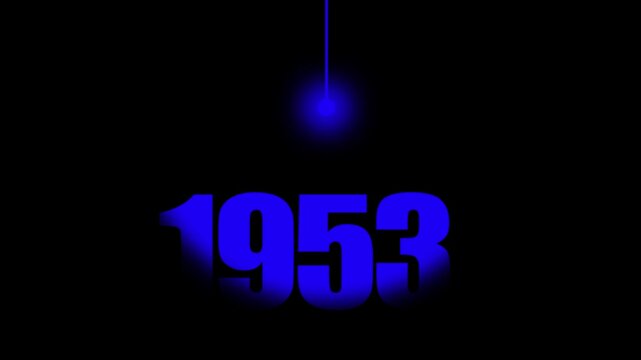 1953 Historical Date Animation with Swinging Blue Light Bulb in Dark Background, DNA Discovery Concept, Scientific Breakthrough Year Motion Graphic, Minimalist Typography Background