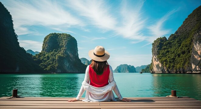 Halong bay travel woman in hat views stunning limestone karsts and emerald waters in vietnam