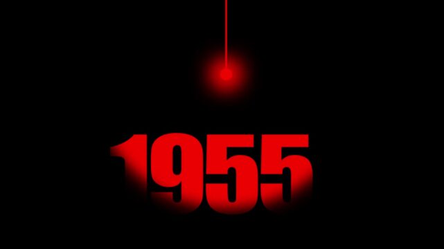 1955 Historical Date Animation with Swinging Red Light Bulb in Dark Background, Postwar / Mid-20th Century Concept, Historical Year Motion Graphic, Minimalist Typography Background