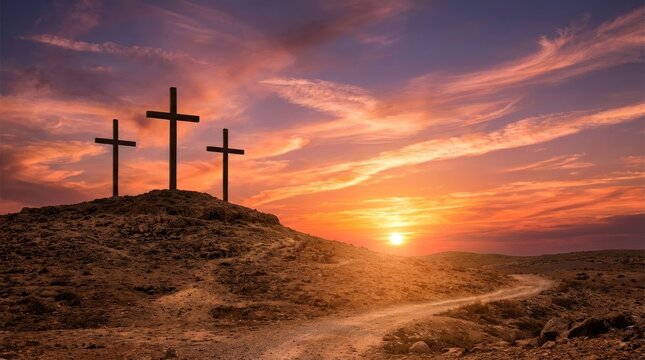 Silhouette of three wooden religious crosses above the hill against a dramatic sky and sunbeams at sunset or sunrise. Religious symbol of good Friday.