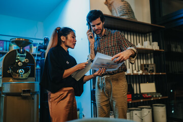 Obraz premium Two small business owners review paperwork in a coffee roaster while one speaks on the phone. A colleague points to documents as they discuss plans in the cafe workspace.
