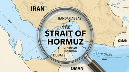 Magnifying glass over strait of hormuz map showing oil tankers and shipping lanes between iran and oman and gulf of oman map.