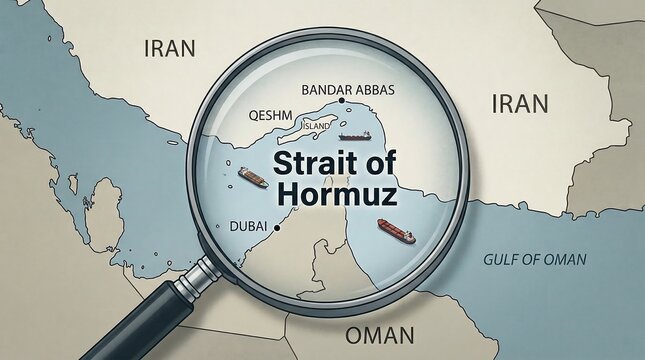Magnifying glass over strait of hormuz map showing oil tankers and shipping lanes between iran and oman and gulf of oman map.