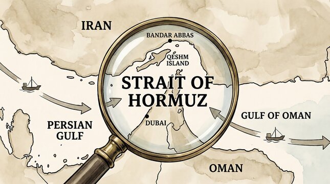 Magnifying glass over strait of hormuz map showing oil tankers and shipping lanes between iran and oman and gulf of oman map.