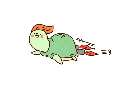 Cute turtle flying at high speed with rocket engines on its shell, efficiency and innovation concept