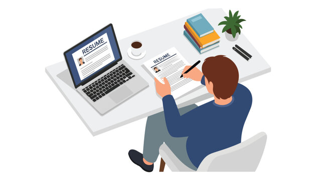 Person Writing Resume at Desk with Laptop