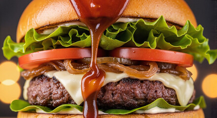 Juicy hamburger with lettuce, tomato, onion, and sauce dripping 