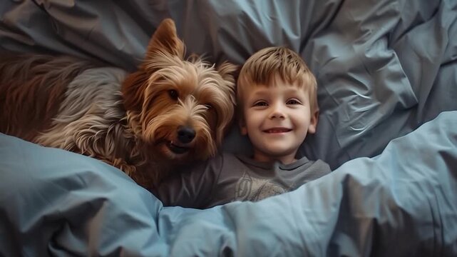 Enjoy this delightful video featuring a boy and his dog. Their connection brings smiles and warmth to any viewer. A true celebration of companionship. AI