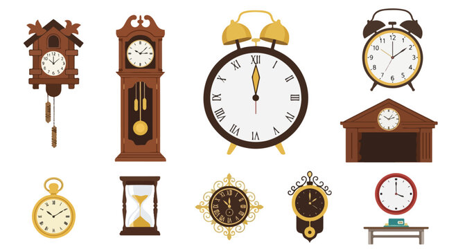 A diverse collection of antique and modern timekeeping devices, including cuckoo clocks, grandfather clocks, alarm clocks, and an hourglass.