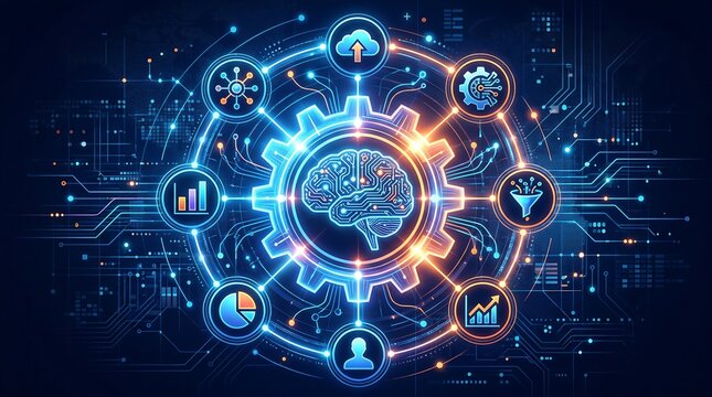 Vibrant technological network abstract concept with digital brain in gear surrounded by icons data analysis cloud computing user processing artificial intelligence.