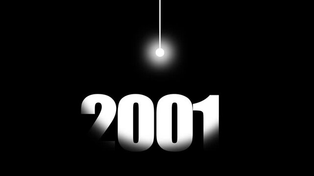 2001 Historical Date Animation with Swinging White Light Bulb in Dark Background, Early 21st Century & Technology Concept, Historical Year Motion Graphic, Minimalist Typography Background