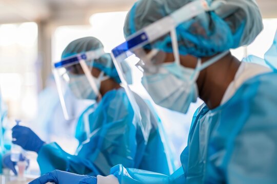 A scene depicting the potential risks of zoonotic infections in xenotransplantation, with medical personnel wearing protective gear and examining a pigs organ for possible pathogens