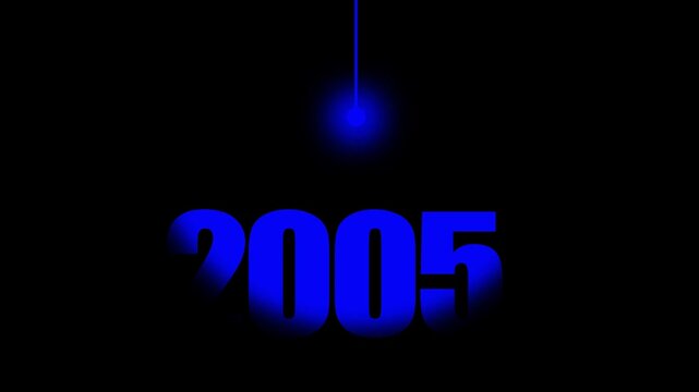 2005 Historical Date Animation with Swinging Blue Light Bulb in Dark Background, Early Social Media & Technology Concept, Historical Year Motion Graphic, Minimalist Typography Background