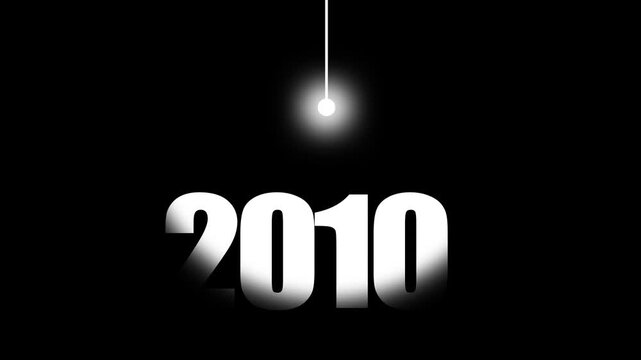 2010 Historical Date Animation with Swinging White Light Bulb in Dark Background, Early Tablet & Social Media Era Concept, Historical Year Motion Graphic, Minimalist Typography Background