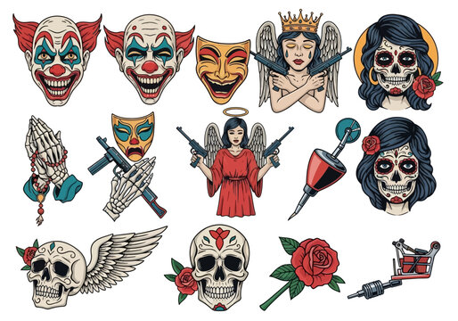 Chicano Style Tattoo Flash Collection with Evil Clowns, Sugar Skulls, Angels, Skeleton Hands, and Roses