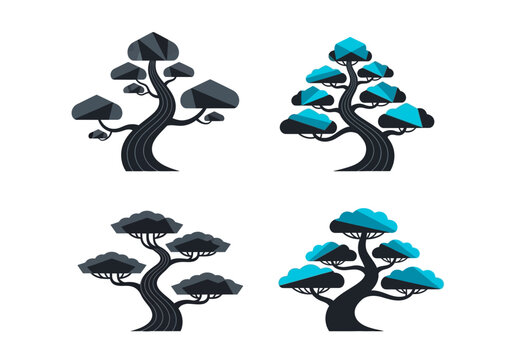 Set of Minimalist Geometric Bonsai Tree Icons with Low Poly Details, Japanese Zen Pine Tree Illustrations for Modern Branding and Logo Design