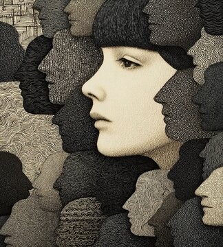 Intricate abstract human faces pattern, diversity, individuality, and collective consciousness