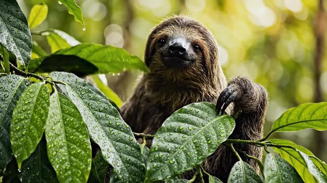 Cute sloth peering from wet leaves in a lush rainforest