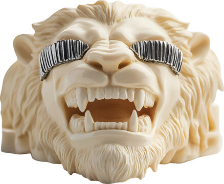 dental model with a lion-like goatee and two chrome grills on the top teeth, on atransparent background