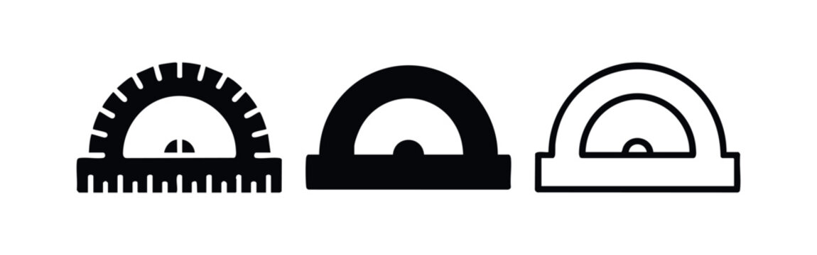Protractor icon set in various styles, geometric and measurement tool for mathematics and school